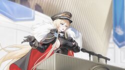  1girl azur_lane bismarck_(azur_lane) bismarck_zwei_(azur_lane) black_gloves black_hat black_thighhighs blonde_hair blue_eyes breasts coat dress fur_trim game_cg gloves hat highres microphone non-web_source podium solo thigh-highs 