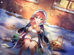  1girl andersen's_fairy_tales aqua_eyes basket black_robe blush cosplay fire game_cg hair_over_shoulder holding_matchstick little_match_girl little_match_girl_(cosplay) long_hair long_sleeves matchbox official_art parted_lips pink_hair robe shoujo_kageki_revue_starlight shoujo_kageki_revue_starlight_-re_live- sitting snow tsuruhime_yachiyo upper_body veil white_veil 