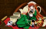  barasuishou blush brown_hair character_doll dress heterochromia hinaichigo kanaria long_hair rozen_maiden sakurada_jun saucer shinku shoes souseiseki suigintou suiseiseki tagme teacup teapot watering_can 