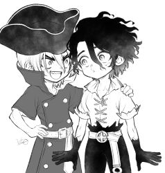  2boys aged_down belt black_hat brothers child coat collarbone curly_hair dr._stone greyscale hair_between_eyes hand_on_another's_shoulder hat highres looking_at_another male_focus monochrome multiple_boys nanami_ryuusui nanami_sai ninomae_gin open_mouth outstretched_hand pirate pirate_hat scar short_hair siblings smile surprised surprised_arms sweatdrop teeth thick_eyebrows upper_teeth_only white_belt x_(symbol) 
