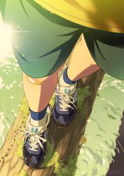  1boy ant bandaid bandaid_on_knee bandaid_on_leg bug commentary_request from_above head_out_of_frame leaf legs lens_flare log male_focus moss noeyebrow_(mauve) original outdoors shirt shoes shorts snail socks solo water 