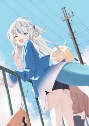  1other 2girls absurdres against_railing ahoge animal animal_costume animal_hood antennae black_shorts black_thighhighs blonde_hair blue_eyes blue_hair blue_hoodie blue_nails blue_sky blunt_bangs blush bob_cut bright_pupils brown_skirt cable clouds day detective ebi-chan_(gawr_gura) facing_away fins fish_tail floating_hair from_below gawr_gura gawr_gura_(1st_costume) gradient_hoodie hair_ornament hand_up highres hololive hololive_english holomyth hood hood_down hoodie long_hair looking_at_another multicolored_hair multiple_girls one_eye_closed open_mouth pleated_skirt pocket railing shark_costume shark_fin shark_girl shark_hair_ornament shark_hood shark_tail sharp_teeth shirt short_hair short_shorts shorts shrimp single_sleeve_past_wrist skirt sky sleeve_rolled_up slit_pupils smile sparkle streaked_hair tail tearing_up tears teeth thigh-highs thighs two-tone_hair two-tone_hoodie two_side_up umiikuru utility_pole v virtual_youtuber watson_amelia watson_amelia_(1st_costume) white_hair white_pupils white_shirt wind 