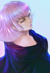  1girl black_dress blue_background blue_eyes dress expressionless gundam gundam_zz haman_karn highres looking_at_viewer looking_back pink_hair short_hair simple_background solo takeda_yuuko zeta_gundam 