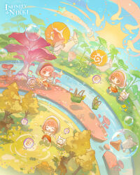  1girl ^_^ absurdres animal armlet arrow_(projectile) artist_request beads belt bikini blue_sky bow_(weapon) bracelet braid brown_eyes brown_sandals bubble cat chibi cloak closed_eyes clothed_animal commentary copyright_logo crop_top deer determined dew_of_inspiration_(infinity_nikki) drawing_bow ear_covers english_commentary esseling_(infinity_nikki) eyelashes gold_armlet gold_bikini gold_bracelet hair_beads hair_ornament hand_on_own_hip happy highres holding holding_arrow holding_bow_(weapon) holding_weapon hood hood_up hooded_cloak infinity_nikki jewelry layered_skirt light_particles lily_pad logo long_skirt looking_at_creature medium_hair midriff momo_(nikki) multiple_views mushroom nikki_(nikki) nikki_(series) official_alternate_costume official_art oversized_animal oversized_plant pink_hair purifying_wind_(infinity_nikki) red_skirt river sandals second-party_source shadow shirt shroomling_(infinity_nikki) side_braid single_braid skirt sky sleeveless sleeveless_shirt smoke snail star_(symbol) swimsuit tareme weapon whiskers white_cat white_cloak white_shirt white_skirt 