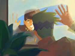  2boys black_hair commentary condensation diamond_wa_kudakenai earrings english_commentary green_eyes green_hair grin hand_on_window headband higashikata_josuke highres jewelry jojo_no_kimyou_na_bouken kishibe_rohan long_sleeves male_focus multiple_boys plant pompadour smile window window_fog wolftree 