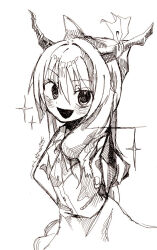  1girl :d bow commentary_request cookie_(touhou) cowboy_shot greyscale hair_bow hatching_(texture) ibuki_suika long_hair looking_at_viewer melanin_shikiso monochrome open_mouth shirt simple_background sketch skirt sleeveless sleeveless_shirt smile solo sparkle touhou yamin_(cookie) 