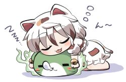  1girl :3 :p animal_ears barefoot blush calico_(pattern) cat_ears cat_girl cat_tail chibi chibi_only closed_eyes closed_mouth commentary_request goutokuji_mike lying multicolored_hair on_stomach otter_spirit_(touhou) rokugou_daisuke shirt short_hair short_sleeves signature simple_background skirt sleeping squeans streaked_hair tail tongue tongue_out touhou white_background white_hair white_shirt white_skirt zzz 
