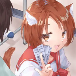  1boy 1girl :d absurdres animal_ears bow bowtie brown_eyes brown_hair cat_ears cat_girl cat_tail commentary_request commission eyelashes hand_up highres holding holding_ticket indoors kemonomimi_mode looking_at_viewer nagaoka_shiho open_mouth parted_bangs pixiv_commission red_bow red_bowtie red_sailor_collar sailor_collar sailor_shirt school_uniform serafuku shirt short_hair short_sleeves smile smug solo_focus tail ticket to_heart to_heart_(series) tsumugi-t upper_body upturned_eyes white_shirt 