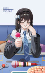  1girl absurdres artist_name black_jacket blue_corset blue_necktie blush bow breasts brown_eyes brown_hair candy chinese_commentary chupa_chups collared_shirt commentary_request corset couch dated diesel_(nikke) diesel_(winter_sweets)_(nikke) earrings food goddess_of_victory:_nikke hair_between_eyes hair_bow hand_on_own_cheek hand_on_own_face highres holding holding_candy holding_food holding_lollipop jacket jewelry labbri large_breasts lollipop long_hair long_sleeves looking_at_viewer necktie off_shoulder official_alternate_costume one_eye_closed open_clothes open_jacket plaid_clothes plaid_necktie shadow shirt sidelocks sitting smile snowflake_earrings solo tongue tongue_out upper_body white_shirt wireless_microphone 
