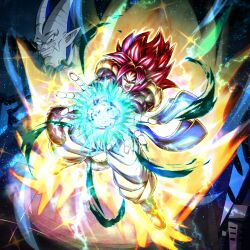  absurdres aura blue_sash dougi dragon_ball dragon_ball_gt dragon_ball_legends electricity full_body gogeta goldie8210 highres long_hair male_focus monkey_boy monkey_tail muscular muscular_male no_nipples omega_shenron pants pectorals red_fur saiyan sash spiky_hair super_saiyan super_saiyan_4 tail 