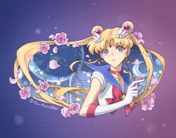  1girl artist_name bishoujo_senshi_sailor_moon bishoujo_senshi_sailor_moon_crystal blonde_hair blue_background blue_eyes bow bowtie choker circlet commentary crescent crescent_choker crescent_earrings earrings elbow_gloves flower gloves gradient_background jewelry long_hair looking_at_viewer magical_girl nezumipl parted_lips pink_flower pink_petals pink_rose purple_background red_bow red_bowtie red_choker rose sailor_moon sailor_senshi sailor_senshi_uniform solo star_(symbol) star_earrings symbol-only_commentary tsukino_usagi twintails two-tone_background upper_body white_gloves 