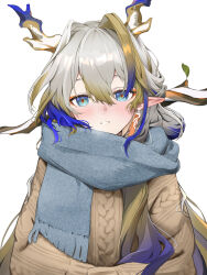  1girl absurdres alternate_costume aran_sweater arknights blonde_hair blue_eyes blue_hair blush brown_pupils brown_sweater cable_knit commentary dragon_girl dragon_horns earrings eyeliner fringe_trim grey_hair grey_scarf grin hair_between_eyes hair_intakes highres horns jewelry kei11525 long_hair looking_at_viewer makeup multicolored_hair nose_blush orange_eyeliner pointy_ears purple_hair scarf shu_(arknights) simple_background smile solo sweater upper_body white_background winter_clothes 