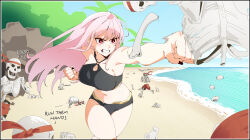  1girl beach bikini black_bikini blue_sky breasts commentary day deadbeat_(mori_calliope) english_commentary english_text highres hololive hololive_english joeboto large_breasts long_hair mori_calliope ocean outdoors pink_hair red_eyes sand sky smile swimsuit virtual_youtuber 