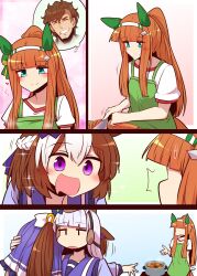  1boy 3girls animal_ears apron blue_eyes blunt_bangs blush braid brown_hat carrot carrying carrying_over_shoulder carrying_person closed_mouth commentary cooking ear_covers gold_ship_(umamusume) green_apron hairband half_up_braid hat highres holding holding_knife horse_ears horse_girl horse_tail knife long_hair multiple_girls open_mouth pleated_skirt ponytail purple_sailor_collar purple_shirt purple_skirt sailor_collar school_uniform shirt short_sleeves silence_suzuka_(umamusume) skirt smile special_week_(umamusume) t-shirt tail team_spica's_trainer tracen_school_uniform trainer_(umamusume) umamusume violet_eyes white_hairband white_shirt yonedatomo_mizu |_| 