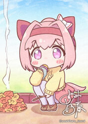  1girl animal_ears autumn_leaves blue_sky bow chibi chibi_only commentary_request ear_bow ear_covers eating flower-shaped_pupils flower_in_eye food hairband haru_urara_(umamusume) headband holding holding_food horse_ears horse_girl horse_tail leaf long_hair pantyhose pink_eyes pink_hair pink_headband pink_skirt ponytail red_headband roasted_sweet_potato sitting skirt sky solo stick sweater sweet_potato symbol-shaped_pupils symbol_in_eye tail umamusume white_pantyhose yellow_sweater yoshiharu_izumi 