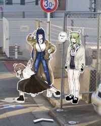  3girls antlers arm_up black_choker black_hair black_ribbon black_shoes black_skirt blue_hair blue_pants blunt_bangs breasts brown_car brown_coat brown_hair car ceres_fauna choker closed_eyes coat colored_inner_hair commentary english_text fence frilled_choker frilled_shirt_collar frills gradient_hair green_hair grey_hair hair_intakes high_school_girls_posing_for_google_street_view_(meme) highres hololive hololive_english horns jewelry large_breasts long_hair long_sleeves looking_at_viewer medium_hair meme middle_finger motor_vehicle multicolored_hair multiple_girls nanashi_mumei neck_ribbon necklace open_mouth ouro_kronii pants photo_background plaid_clothes plaid_skirt pleated_skirt ribbon road ryy_0x0 shirt shirt_tucked_in shoes sidelocks skirt sleeves_past_wrists socks speech_bubble spit_take spitting standing sweat sweatdrop sweater tree_horns turtleneck turtleneck_shirt v very_long_hair virtual_youtuber w white_shirt white_socks white_sweater 