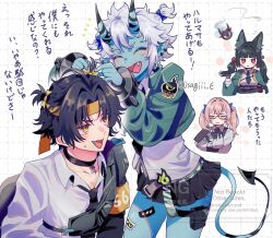  1boy 3girls ^_^ animal_ears aqua_jacket asaba_harumasa black_choker black_hair black_necktie black_skirt blue_oni blue_skin blush chibi choker closed_eyes colored_skin commentary_request fox_ears fox_girl hair_between_horns headband highres horns hoshimi_miyabi jacket multicolored_horns multiple_girls necktie oni pink_hair shirt short_hair skirt smile soukaku_(zenless_zone_zero) tsukishiro_yanagi twintails two-tone_horns usagiii_e white_hair white_shirt yellow_eyes yellow_headband zenless_zone_zero 