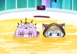  2girls animal_ears bath bathtub blue_eyes blush bubble castorice_(honkai:_star_rail) cat_ears cat_girl cipher_(honkai:_star_rail) cloudnekonn flower grey_hair hair_flower hair_ornament highres honkai:_star_rail honkai_(series) hood hoodie looking_at_viewer multiple_girls pink_hair pointy_ears violet_eyes 