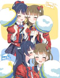  2girls 5th_live_tour_~4pair_power_spread!!!!~ :d ascot black_vest blue_hair blunt_bangs blush bow bowtie brown_hair collared_shirt commentary_request comparison cotton_candy food hair_bow half_updo highres holding holding_cotton_candy holding_food jacket kachimachi_kosuzu katanashi_(ktnsh_popu) kiss kissing_forehead link!_like!_love_live! long_hair love_live! multiple_girls murano_sayaka official_alternate_costume open_clothes open_jacket open_mouth plaid_bow plaid_bowtie plaid_clothes plaid_jacket ponytail red_bow red_bowtie red_jacket shirt sidelocks smile taiyou_de_are! three-quarter_sleeves two_side_up vest virtual_youtuber white_ascot white_shirt 