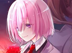  1boy 1girl camellia commentary eyes_visible_through_hair fate/grand_order fate_(series) flower kimiori_(yuapple241) light_smile looking_down mash_kyrielight medium_hair necktie orange_hair overlighting pink_hair red_necktie romani_archaman shadow short_hair tearing_up upper_body violet_eyes wing_collar 