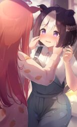  2girls @_@ absurdres ahoge animal_ears blush braid brown_hair carrot_print cheek_pull food_print hazuki_lime highres horse_ears horse_girl long_hair looking_at_another multicolored_hair multiple_girls orange_hair overalls pajamas revision shirt short_hair silence_suzuka_(umamusume) special_week_(umamusume) two-tone_hair umamusume violet_eyes white_hair white_shirt 