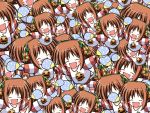  bandana blush_stickers brown_hair chibi child clone closed_eyes collage fan fang frog hair_ornament hairclip highres outstretched_arms paper_fan plaid pumpkin short_hair spread_arms striped suigetsu too_many uchiwa waha wallpaper yamato_suzuran 