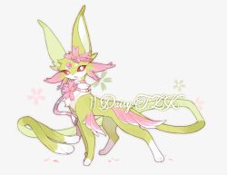  alternate_color alternate_shiny_pokemon animal_focus cat chinese_commentary colored_sclera commentary_request commission espeon flower full_body green_fur kamier586 long_tail looking_at_viewer neck_flower no_humans original pink_flower pokemon pokemon_(creature) pokemon_focus red_sclera simple_background solo standing tail watermark white_background white_eyes 