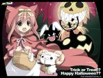  animal_ears bell blush cat_ears forest glasses halloween highres little_red_riding_hood melissa_seraphy moon nanatsuiro_drops nature pink_hair pumpkin purple_eyes red_riding_hood ribbon scared star tears waga_mama_capriccio wagamama_capriccio wallpaper yuki-chan 