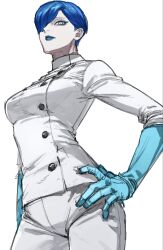  1girl aegyo_sal blue_eyes blue_eyeshadow blue_gloves blue_hair blue_lips breasts buttons contrapposto elbow_gloves empty_eyes eyeshadow filament_(game) from_below gloves hair_behind_ear hair_over_one_eye hand_on_own_hip high_collar highres jacket light_frown looking_at_viewer looking_down makeup medical_gloves medium_breasts mihiro_00122 nurse pale_skin pants pixie_cut rubber_gloves serious short_hair sleeves_rolled_up slit_pupils solo straight_hair suigin_(filament) tsurime very_short_hair white_background white_jacket white_pants 