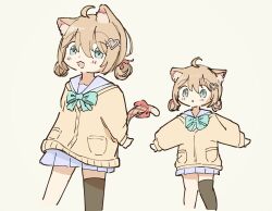  1girl :3 :d :o ahoge animal_ear_fluff animal_ears aqua_bow aqua_bowtie asymmetrical_legwear black_thighhighs blonde_hair blue_eyes blue_serafuku blue_skirt blush bow bowtie cardigan cat_ears cat_girl cat_tail cropped_legs dot_nose double-parted_bangs double_bun hair_between_eyes hair_bun hair_ornament hair_ribbon heart heart_hair_ornament highres knees_together_feet_apart kosame long_sleeves looking_at_viewer miniskirt multiple_views neuro-sama no_nose official_alternate_hairstyle pink_ribbon pleated_skirt ribbon school_uniform serafuku simple_background single_sock skirt smile socks tail tail_ornament tail_ribbon thigh-highs vedal_ai wide-eyed yellow_background yellow_cardigan 