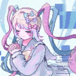  1girl blonde_hair blue_hair blue_serafuku bow chest_bow chouzetsusaikawa_tenshi-chan closed_eyes colored_tips cowboy_shot hair_bow highres multicolored_hair multiple_hair_bows needy_girl_overdose obake_yura own_hands_clasped own_hands_together pink_hair pixel_art quad_tails school_uniform serafuku solo 