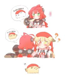 !? ... 2girls ? ?? alice_thymefield animal_ears animal_on_back animalization black_sailor_collar blonde_hair blush braid braided_twintails cardigan chest_bow commentary_request food green_eyes hair_ornament hearing_aid heterochromia highres holding holding_phone kamanosuke_(zenless_zone_zero) long_hair looking_at_another looking_at_phone low_twintails multiple_girls open_mouth phone pink_cardigan rabbit rabbit_ears rabbit_girl raccoon rebecca_(keinelove) red_eyes red_hair sailor_collar shirt simple_background speech_bubble sphere_hair_ornament spoken_animal spoken_ellipsis sushi sweatdrop tanuki thought_bubble twintails ukinami_yuzuha white_background white_shirt yellow_eyes zenless_zone_zero 
