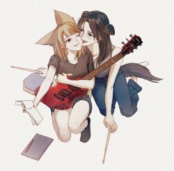  2girls animal_ears biting biting_cheek black_eyes black_hair black_shirt blonde_hair blue_pants brown_eyes commentary dog_ears dog_girl dog_tail drumsticks electric_guitar fang fox_ears fox_girl grey_tank_top guitar hashtag-only_commentary highres holding holding_drumsticks holding_guitar holding_instrument holding_notepad instrument kemonomimi_mode long_hair medium_hair mole mole_above_mouth multiple_girls notepad one_eye_closed pants real_life sasaki_rico_(voice_actor) shirt short_sleeves tail tank_top teeth voice_actor xinyi6239222644 yonezawa_akane yuri 