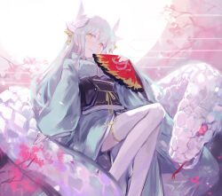  1girl alt_(apou) animal aqua_hair aqua_kimono arm_support backlighting branch breasts cherry_blossoms commentary_request dragon_girl dragon_horns fate/grand_order fate_(series) feet_out_of_frame folding_fan full_moon hand_fan hand_up holding holding_fan horns japanese_clothes kimono kiyohime_(fate) kiyohime_(first_ascension)_(fate) long_sleeves looking_at_viewer medium_breasts moon multiple_horns obi obiage obijime open_mouth oversized_animal sash sitting smile snake solo thigh-highs white_horns white_snake white_thighhighs wide_sleeves yellow_eyes 