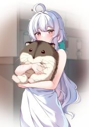  1girl ahoge animal animal_hug bare_arms bare_shoulders blue_bow blurry blurry_background blush bow closed_mouth commentary_request copyright_request depth_of_field dress grey_hair hair_bow hamster indoors long_hair looking_at_viewer motion_lines moyoron oversized_animal red_eyes sleeveless sleeveless_dress solo very_long_hair white_dress 