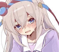  1girl animal_ears blue_eyes blue_hairband blush ear_covers ear_ornament fang grey_hair hair_between_eyes hairband headband horse_ears horse_girl kaiwan_(kaiwan_zhang) long_hair open_mouth red_headband school_uniform smile solo striped_clothes striped_hairband tamamo_cross_(umamusume) tears tracen_school_uniform umamusume very_long_hair 