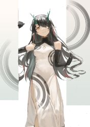  1girl absurdres alternate_costume arknights black_hair colored_inner_hair commentary_request dragon_girl dragon_horns dress dusk_(arknights) elbow_gloves gloves hair_over_one_eye highres horns melancholinnist multicolored_hair pointy_ears red_eyes white_dress 