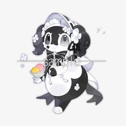  1girl alternate_color alternate_shiny_pokemon black_bow black_eyes black_horns black_sclera bonnet bow bowl chibikemo chinese_commentary clothed_pokemon colored_sclera commentary_request commission flower food full_body furry furry_female grey_eyes grey_sclera heart heterochromia holding holding_bowl horns ice_cream indeedee indeedee_(female) kamier586 looking_at_viewer original pokemon pokemon_(creature) pokemon_focus ringed_eyes sample_watermark simple_background smile solo standing tassel watermark white_background white_bonnet white_flower 