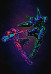  1girl absurdres arm_cannon arm_mounted_weapon armor assault_visor commentary english_commentary glowing highres metroid metroid_prime_4:_beyond neon_trim power_armor samus_aran shoulder_pads sylux_(metroid) tomycase weapon 