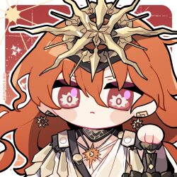  1girl augusta_(wuthering_waves) black_collar chibi chibi_only chinese_commentary closed_mouth collar commentary_request earrings hair_between_eyes hand_on_hilt headgear highres jewelry kyou_039 long_hair looking_at_viewer orange_hair portrait red_eyes solo sun_earrings sun_necklace sword twitter_username upper_body weapon wuthering_waves 