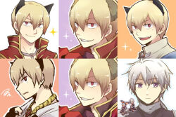  2boys acolyte_(ragnarok_online) animal_ears assassin_cross_(ragnarok_online) blonde_hair cat_boy cat_ears chiya_(beastbeast) closed_mouth coat commentary_request grey_hair grin looking_at_viewer male_focus multiple_boys multiple_views priest_(ragnarok_online) ragnarok_online red_coat red_eyes short_hair smile violet_eyes 