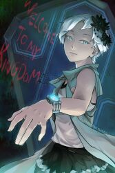  1girl aqua_eyes aqua_jacket black_flower black_skirt bright_pupils closed_mouth commentary english_commentary english_text eyelashes flower glowing hair_flower hair_ornament indoors jacket jewelry kyokugen_dasshutsu kyokugen_dasshutsu_adv:_zennin_shibou_desu merchandise_available necklace open_clothes open_jacket phi_(kyokugen_dasshutsu) shirt short_hair skirt sleeveless sleeveless_jacket sleeveless_shirt solo source_quote tea-and-dreams tumblr_username very_short_hair watch watch web_address white_hair white_pupils white_shirt 