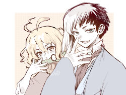  1boy 1girl ahoge asagiri_gen asymmetrical_hair bamboo bit_gag black_hair blonde_hair blue_eyes blush brown_eyes dr._stone gag hand_up japanese_clothes kimono long_sleeves looking_at_viewer male_focus multicolored_hair necktie ninomae_gin open_mouth short_hair signature smile solo_focus suika_(dr.stone) two-tone_hair white_hair 
