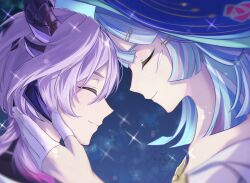  1boy 1girl andersdotter_(genshin_impact) blue_background blue_hair blue_hat blunt_bangs blunt_ends closed_eyes closed_mouth collarbone diffraction_spikes dragon_horns eyelashes facing_another forehead-to-forehead from_side genshin_impact gloves gold hair_ornament hairclip half_gloves hand_on_another's_face hat heads_together highres horns light_blush long_hair mini_durin_(genshin_impact) mini_durin_(human)_(genshin_impact) mother_and_son multicolored_hair necoco112061 purple_hair purple_horns red_hair safety_pin smile split_mouth star_(sky) starry_sky_background streaked_hair striped_hair watermark white_gloves white_hair witch_hat 