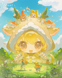  1girl ? absurdres animal animal_ear_hood animal_ears animal_on_head artist_request blonde_hair blue_sky bow bowtie brown_arm_warmers brown_cloak brown_eyes brown_shirt cat chibi claw_pose cloak clothed_animal clouds commentary copyright_logo creature_on_head day ear_covers english_commentary esseling_(infinity_nikki) eyelashes fake_animal_ears fake_antlers fake_tail fingerless_gloves forest forest_folk_(infinity_nikki) fur-trimmed_hood fur_arm_warmers fur_trim giant giantess gloves hair_between_eyes highres holding holding_megaphone hood hood_up hooded_cloak infinity_nikki light_blush light_particles logo lying megaphone momo_(nikki) mushroom musical_note nature nikki_(series) official_art on_head on_stomach open_mouth outdoors petals red_bow red_bowtie second-party_source shirt short_hair shout_lines shouting shroomling_(infinity_nikki) sky smile sparkle tail tareme traditional_bowtie upper_body white_cat white_gloves yellow_cloak 