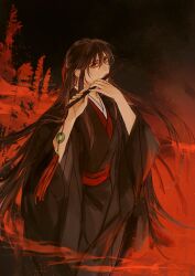  1boy aki_uzuzame aura bishounen black_coat black_hair black_hanfu brown_hair chenqing_flute chinese_clothes closed_mouth coat colored_smoke dizi fighting_stance flute flute_tassel hair_between_eyes hair_down hair_ribbon half_updo hanfu highres holding holding_flute holding_instrument instrument jewelry long_hair long_sleeves looking_at_viewer male_focus modao_zushi music official_alternate_costume official_alternate_hairstyle open_clothes open_coat playing_flute playing_instrument red_eyes red_ribbon red_sash ribbon robe sash sidelocks smoke solo standing tassel transverse_flute twitter_username very_long_hair watermark wei_wuxian wei_wuxian_(yiling_laozu) wide_sleeves 