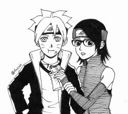  1boy 1girl arm_warmers boruto:_naruto_next_generations commentary_request eating facial_mark food food_in_mouth food_on_face forehead_mark glasses hand_in_pocket hatching_(texture) highres holding holding_another's_wrist holding_food jacket jewelry maid_headdress marker_(medium) matsu_(fu6ide2) monochrome naruto_(series) necklace taiyaki traditional_media twitter_username uchiha_sarada uzumaki_boruto wagashi whisker_markings 