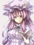 1girl book bust crescent hair_ribbon hat highres impossible_clothes impossible_shirt long_hair patchouli_knowledge purple_hair ribbon shirt solo striped striped_shirt tam-out_(datam) touhou vertical_stripes violet_eyes 