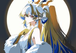  1girl absurdres aqua_eyes arknights bare_shoulders blonde_hair blue_hair cheong_seol colored_extremities dragon_girl dragon_horns earrings eyeliner hair_intakes highres horns jewelry long_hair looking_at_viewer makeup multicolored_hair orange_eyeliner orange_pupils ponytail shu_(arknights) solo unfinished very_long_hair white_hair yellow_hands 