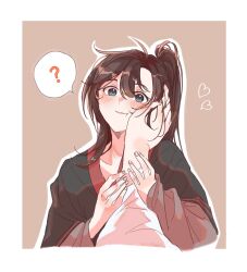  2boys ? ahoge androgynous black_eyes black_hanfu blush brown_background brown_hair chinese_clothes closed_mouth commentary_request grey_eyes hair_between_eyes hand_on_another's_cheek hand_on_another's_face hands_on_another's_arm hanfu heart highres implied_yaoi k_a_k lan_wangji long_hair long_sleeves looking_at_viewer male_focus modao_zushi multiple_boys out_of_frame outline ponytail pov pov_hands robe side_ponytail simple_background smile solo_focus spoken_heart spoken_question_mark upper_body wei_wuxian white_hanfu wide_sleeves 